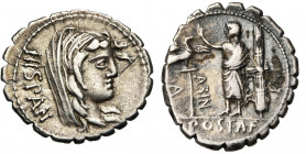 A. Postumius Albinus, AR denier serratus, 81 av. J.-C., Rome. D/ T. voilée d''Hispania à d. Derrière, HISPAN. R/ A·/ POST·A·F·/ S·N·/ ALBIN Personnage...