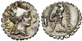 C. Poblicius, AR denier, 80 av. J.-C., Rome. D/ B. dr. de Roma à d., coiffée d''un casque décoré de plumes. Derrière, ROMA. Au-dessus du casque, G. R/...