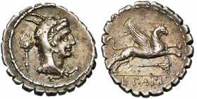 L. Papius, AR denier, 79 av. J.-C., Rome. D/ T. de Junon Sospita à d. Derrière, symbole. R/ Griffon galopant à d. Dessous, symbole. A l''ex., L·PAPI. ...