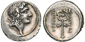 M. Plaetorius Cestianus, AR denier, 69 av. J.-C., Rome. D/ T. masc. à d. Symbole hors flan. R/ M PLAETORI/ CEST EX·S·C Caducée ailé. Cr. 405/5; Syd. 8...