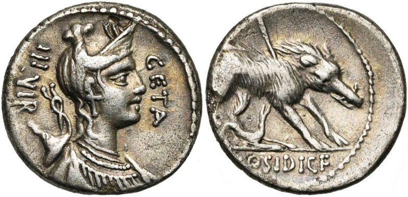 C. Hosidius Geta, AR denier, 68 av. J.-C., Rome. D/ B. de Diane à d., arc et car...