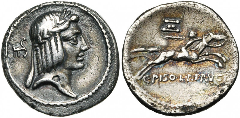 C. Piso Frugi, AR denier, 67 av. J.-C., Rome. D/ T. l. d''Apollon à d. Derrière ...