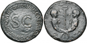 DRUSUS, fils de Tibère, AE sesterce, 21-22, Rome. D/ Deux b. d''enfants, les fils jumeaux de Drusus, Tiberius et Germanicus, en regard, émergeant de d...