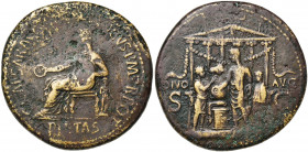 CALIGULA (37-41), AE sesterce, 37-38, Rome. D/ C CAESAR AVG GERMANICVS P M TR POT/ PIETAS Pietas voilée, dr., assise à g., ten. une patère, le bras g....