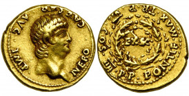 NERON (54-68), AV aureus, 57-58, Rome. D/ NERO· CAESAR· AVG· IMP· T. à d. R/ PONTIF· MAX· TR· P· IIII· P P· Dans une couronne, EX SC. BMC 202, 15; RIC...