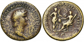 NERON (54-68), AE sesterce, 63, Rome. D/ NERO CLAVDIVS CAESAR AVG GERM PM TR P IMP PP T. l. à d., le cou dr. de l''égide. R/ ANNONA- AVGVSTI- CERES/ S...