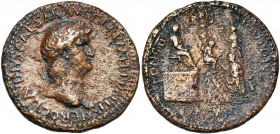 NERON (54-68), AE sesterce, 64, Rome. D/ NERO CLAVDIVS CAESAR AVG GER P M TR P IMP P P T. l. à d., l''épaule g. dr. de l''égide. R/ CONG II - DAT - PO...