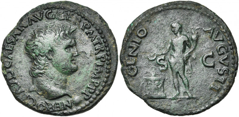 NERON (54-68), AE as, 65, Lyon. D/ NERO CLAVD CAESAR AVG GER P M TR P IMP P P T....