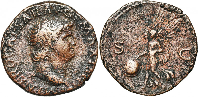 NERON (54-68), AE as, 67, Lyon. D/ IMP NERO CAESAR AVG P MAX TR P PP T. à d. Pet...