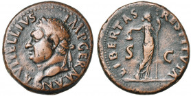 VITELLIUS (69), AE as, 69, Tarraco. D/ A·VITELLIVS IMP· GERMAN T. l. à g. Globe à la pointe du cou. R/ LIBERTAS-RESTITVTA/ S-C Libertas dr., deb. de f...