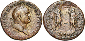 VESPASIEN (69-79), AE sesterce, 71, Rome. D/ IMP CAES VESPASIAN AVG PM TR PPP COS III T. l. à d. R/ CAES AVG F DES IM-P AVG F COS D-ES IT/ S-C Domitie...