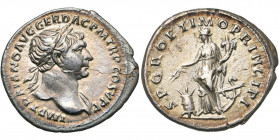 TRAJAN (98-117), AR denier, 103-111, Rome. D/ IMP TRAIANO AVG GER DAC PM TR P COS V PP B. l. à d., l''épaule g. dr. R/ SPQR OPTIMO PRINCIPI Annona deb...