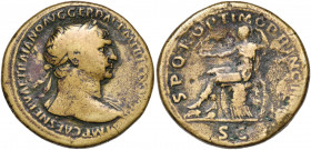 TRAJAN (98-117), AE sesterce, 104-111, Rome. D/ IMP CAES NERVAE TRAIANO AVG GER DAC PM TR P COS V PP T. l. à d., l''épaule g. dr. R/ SPQR OPTIMO PRINC...