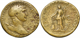 TRAJAN (98-117), AE sesterce, 104-111, Rome. D/ B. l. à d., l''épaule g. dr. R/ SPQR OPTIMO PRINCIPI Abundantia deb. à g., ten. deux épis et une corne...