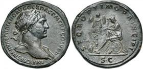 TRAJAN (98-117), AE sesterce, 104-111, Rome. D/ IMP CAES NERVAE TRAIANO AVG GER DAC PM TR P COS V PP B. l. à d., l''épaule g. dr. R/ SPQR OPTIMO PRINC...