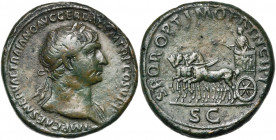 TRAJAN (98-117), AE sesterce, 104-111, Rome. D/ IMP CAES NERVAE TRAIANO AVG GER DAC P M TR P COS V PP B. l. à d., l''épaule g. dr. R/ SPQR OPTIMO PRIN...