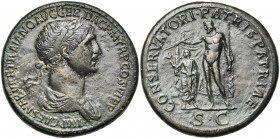 TRAJAN (98-117), AE sesterce, 112-115, Rome. D/ IMP CAES NERVAE TRAIANO AVG GER DAC P M TR P COS VI P P B. l., dr. à d. R/ CONSERVATORI PATRIS PATRIAE...