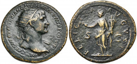 TRAJAN (98-117), AE dupondius, 112-115, Rome. D/ IMP CAES NERVAE TRAIANO AVG GER DAC PM TR P COS VI PP T. r. à d., l''épaule g. dr. R/ FELICITAS AVGVS...