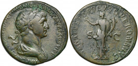 TRAJAN (98-117), AE sesterce, 114-117, Rome. D/ IMP CAES NER TRAIANO OPTIMO AVG GER DAC P M TR P COS VI P P B. l., dr. à d. R/ SENATVS POPVLVSQVE ROMA...