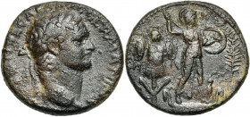 JUDEE, Domitien (81-96), AE bronze, 83, Caesarea Maritima. D/ T. l. à d. Au titre de GERMANICVS. R/ Minerve deb. à d. sur une proue, ten. un bouclier ...