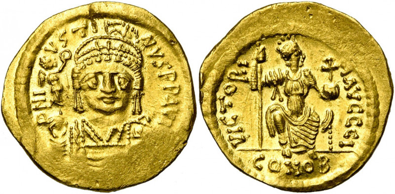Justin II (565-578), AV solidus, Constantinople. Off. I. D/ B. casqué et cuir. d...