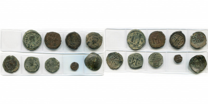lot de 9 bronzes: Anastase Ier, follis, Constantinople, off. Γ; Justin II, folli...
