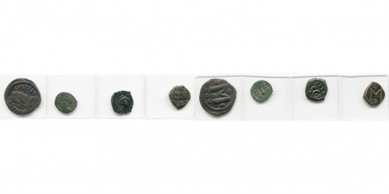 lot de 4 bronzes: Anastase Ier, follis, Constantinople, off. Δ; Justinien Ier, d...
