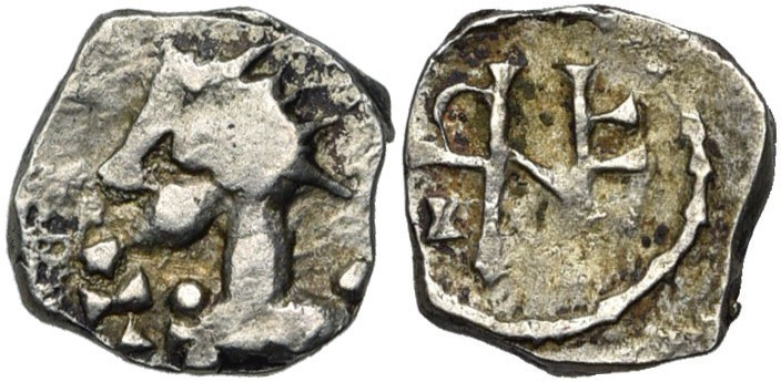 MEROVINGIENS, AR denier, début du 8e s., Marseille. Patrice Nemfidius. D/ B. à g...