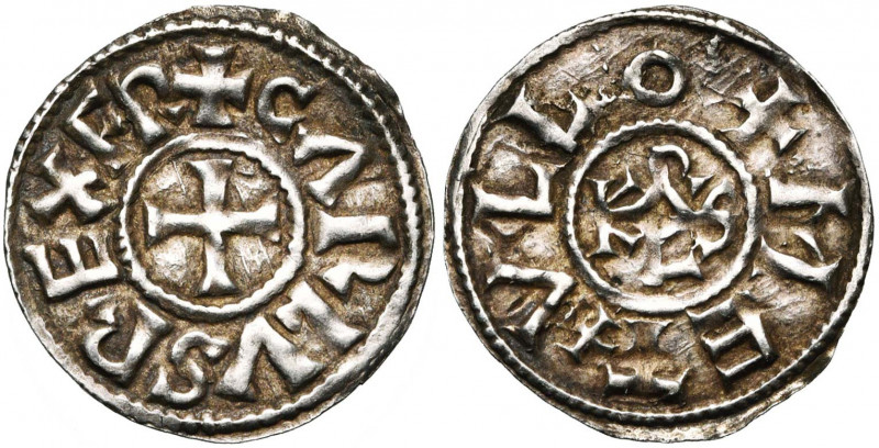 CAROLINGIENS, Charles le Chauve (840-877), AR denier, vers 850, Melle. D/ + CΛRL...