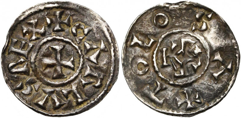 CAROLINGIENS, Charles le Chauve (840-877), AR denier, Toulouse. D/ + CΛRLVS REX ...