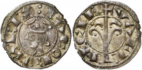 ESPAGNE, CATALOGNE ET ARAGON, Jaime Ier (1213-1276), billon dinero, 1247-1249, Valence. D/ :IACOBVS REX T. cour. à g. R/ VALE-NCIE Arbre stylisé, se t...