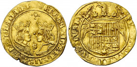 ESPAGNE, Royaume, Ferdinand et Isabelle (1474-1504), AV double excelente, s.d., Séville. D/ B. affrontés des rois catholiques. Au-dessus, une étoile e...