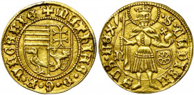 HONGRIE, Matthias Ier Corvin (1458-1490), AV florin d''or, vers 1465-1470, Nagybanya. Frappé pour le Voïvode de Transylvanie. D/ Ecu écartelé. R/ Sain...