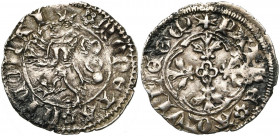 ITALIE, AQUILEE, Nicolas de Bohême (1350-1358), fils bâtard de Jean l''Aveugle, AR denier. D/ MONETA NICOLAI Lion de Bohême à g., la lettre N sur la p...