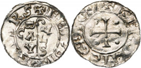NEDERLAND, GRONINGEN, Bernulphus, bischop van Utrecht (1040-1054), AR denarius. Vz/ Staf met legende BACVLVS in het veld. Kz/ Kruis met vier punten in...