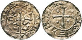 NEDERLAND, GRONINGEN, Bernulphus, bischop van Utrecht (1040-1054), AR denarius. Vz/ Staf met legende BACVLVS in het veld. Kz/ Kruis met vier punten in...