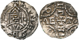 NEDERLAND, HOLLAND, Graafschap, Dirk IV (1039-1049), AR denarius, voor 1047, Rijnsburg. Naar Dortmunds, Keuls en Andernachs voorbeeld. Vz/ + RINESBVRG...