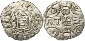NEDERLAND, HOLLAND, Graafschap, Dirk IV (1039-1049), AR denarius, voor 1047, Rijnsburg. Imitatie (?). Vz/ + Λ•INERV Gestileerd kerkgebouw met kruis i...