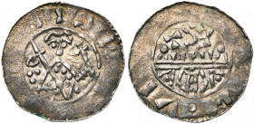 NEDERLAND, HOLLAND, Graafschap, Floris I (1049-1061), AR denarius, Leiden. Imitatie van het Utrechtse type van Willem van Pont (1054-1076). Vz/ De sta...