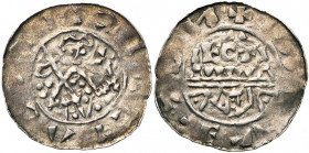 NEDERLAND, HOLLAND, Graafschap, Floris I (1049-1061), AR denarius, Leiden. Imitatie van het Utrechtse type van Willem van Pont (1054-1076). Vz/ De sta...