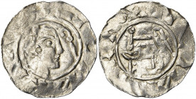 NEDERLAND, TIEL, keizerlijke munt, Hendrik IV (1056-1106), AR denarius. Vz/ Hoofd r., met staf. Kz/ Gestileerd gebouw met twee torens en drie ringetje...