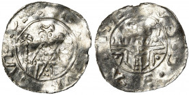 NEDERLAND, UTRECHT, Bisdom, Willem van Pont (1054-1076), AR denarius. Imitatie (?). Vz/ Bisschop van voren, met kruisscepter l. en kromstaf r. Kz/ Sta...