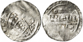 NEDERLAND, UTRECHT, Bisdom, Willem van Pont (1054-1076), AR denarius. Imitatie. Vz/ Bisschop van voren, met kruisscepter l. en kromstaf r. Kz/ Stadsmu...