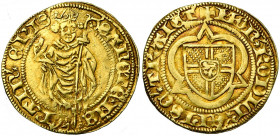 NEDERLAND, UTRECHT, Bisdom, Rudolf van Diepholt (1433-1455), AV St. Maartensgoudgulden. Vz/ Staande heilige met kromstaf. Kz/ + MON'' RODLP'' EPISC'' ...