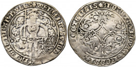 BRABANT, Duché, Jeanne et Wenceslas (1355-1383), AR vryman (bryman) aux roses, mars 1377, Maastricht. D/ Le duc deb. de f. dans un polylobe, ten. une ...