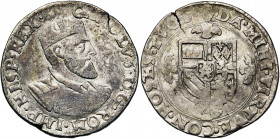 BRABANT, Duché, Charles Quint (1506-1555), AR florin Karolus d''argent, s.d. (1553-1556), Anvers. Deuxième type. D/ B. vieilli de l''empereur à d., la...