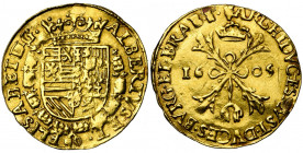 BRABANT, Duché, Albert et Isabelle (1598-1621), AV double albertin, 1605, Anvers. D/ Ecu couronné, entouré du collier de la Toison d''or. R/ Croix de ...