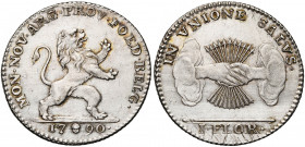 BRABANT, Duché, Etats-Belgiques-Unis (1790), AR florin, 1790, Bruxelles. Premier type. D/ Lion deb. à d. R/ Deux mains serrées sortant des nuées, ten....