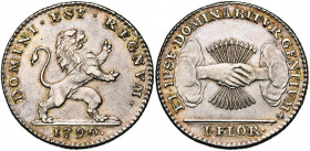 BRABANT, Duché, Etats-Belgiques-Unis (1790), AR florin, 1790, Bruxelles. Deuxième type. D/ Lion deb. à d. R/ Deux mains serrées sortant des nuées, ten...