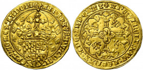 HAINAUT, Comté, Albert de Bavière (1389-1404), AV grande couronne d''or, Valenciennes. D/ Ecu écartelé et couronné de Bavière-Hainaut. Douze lions dan...